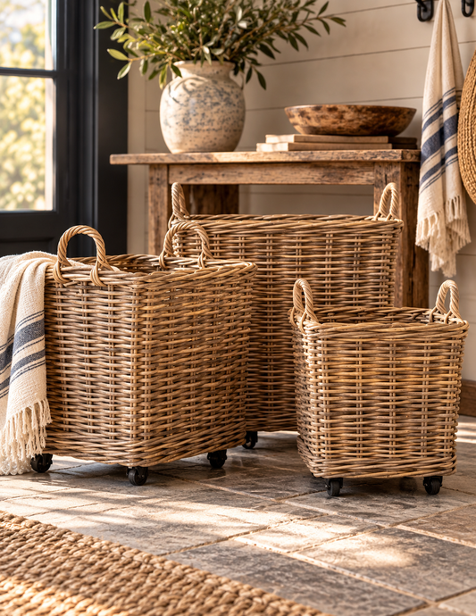 Kubu Rattan Rolling Storage Basket
