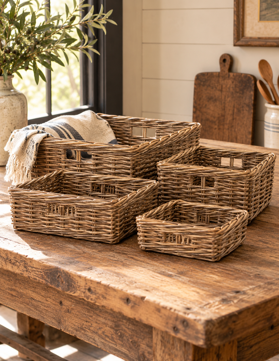Handwoven Rattan Rectangular Basket Tray