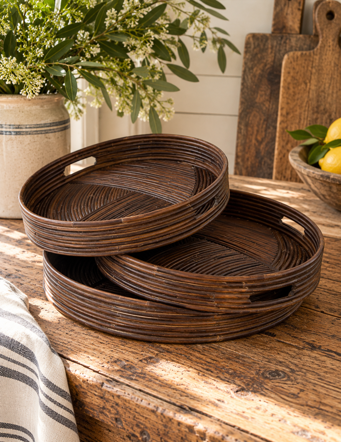 Dark Woven Bamboo Round Tray