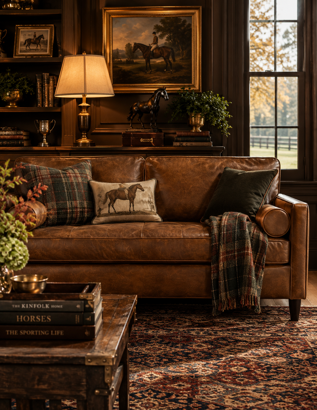 A brown leather sofa in a rustic, warmly lit living room with horse-themed decor, including a horse-print pillow, a plaid throw blanket, and an equestrian painting on the wall.