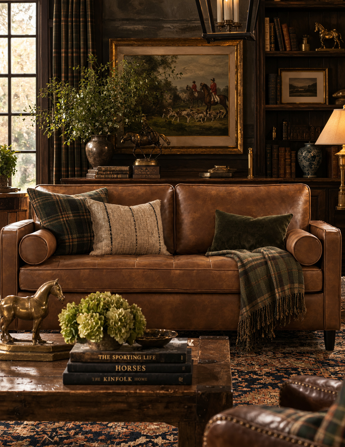 A brown leather sofa in a rustic, cozy living room setting, styled with plaid and textured throw pillows, a green fringed throw blanket, and a dark wood coffee table in the foreground.