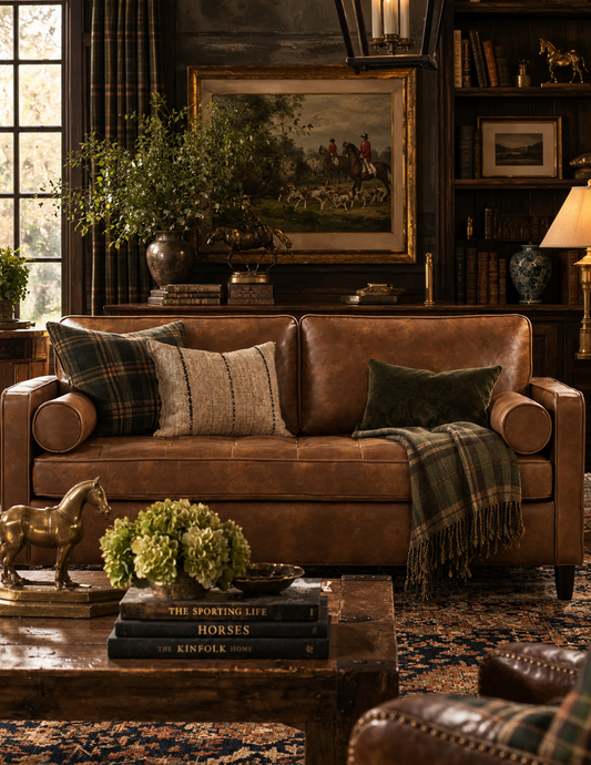 A brown leather sofa in a rustic, cozy living room setting, styled with plaid and textured throw pillows, a green fringed throw blanket, and a dark wood coffee table in the foreground.