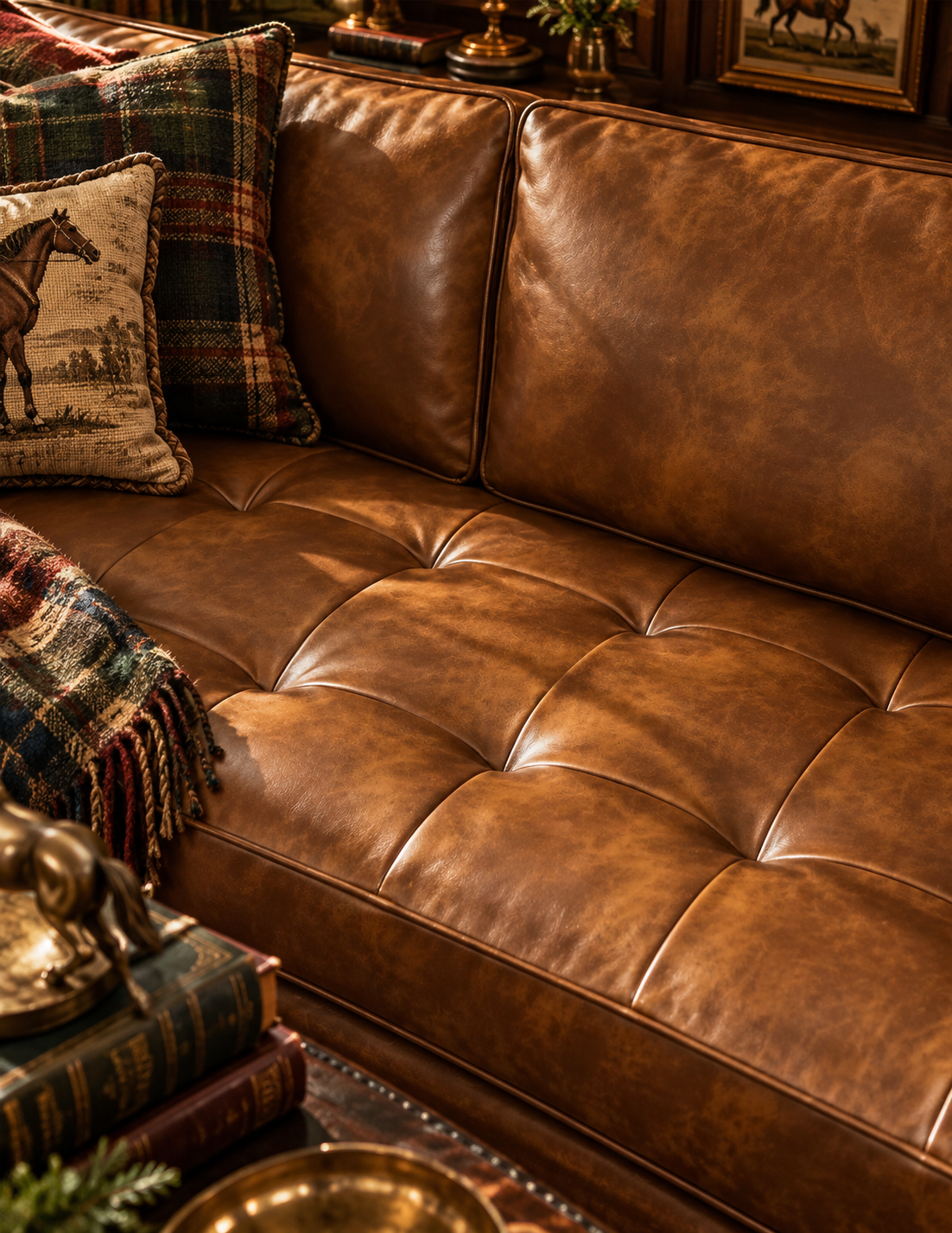 A close-up of a brown leather tufted sofa in a rustic, warm-toned room setting, styled with plaid and horse-print pillows, a throw blanket, and books.