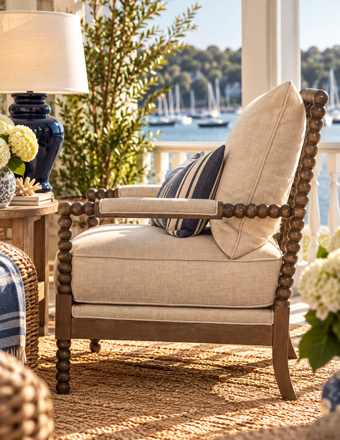 Blanchett Heritage Bobbin Lounge Chair – Beige Linen & Distressed Brown