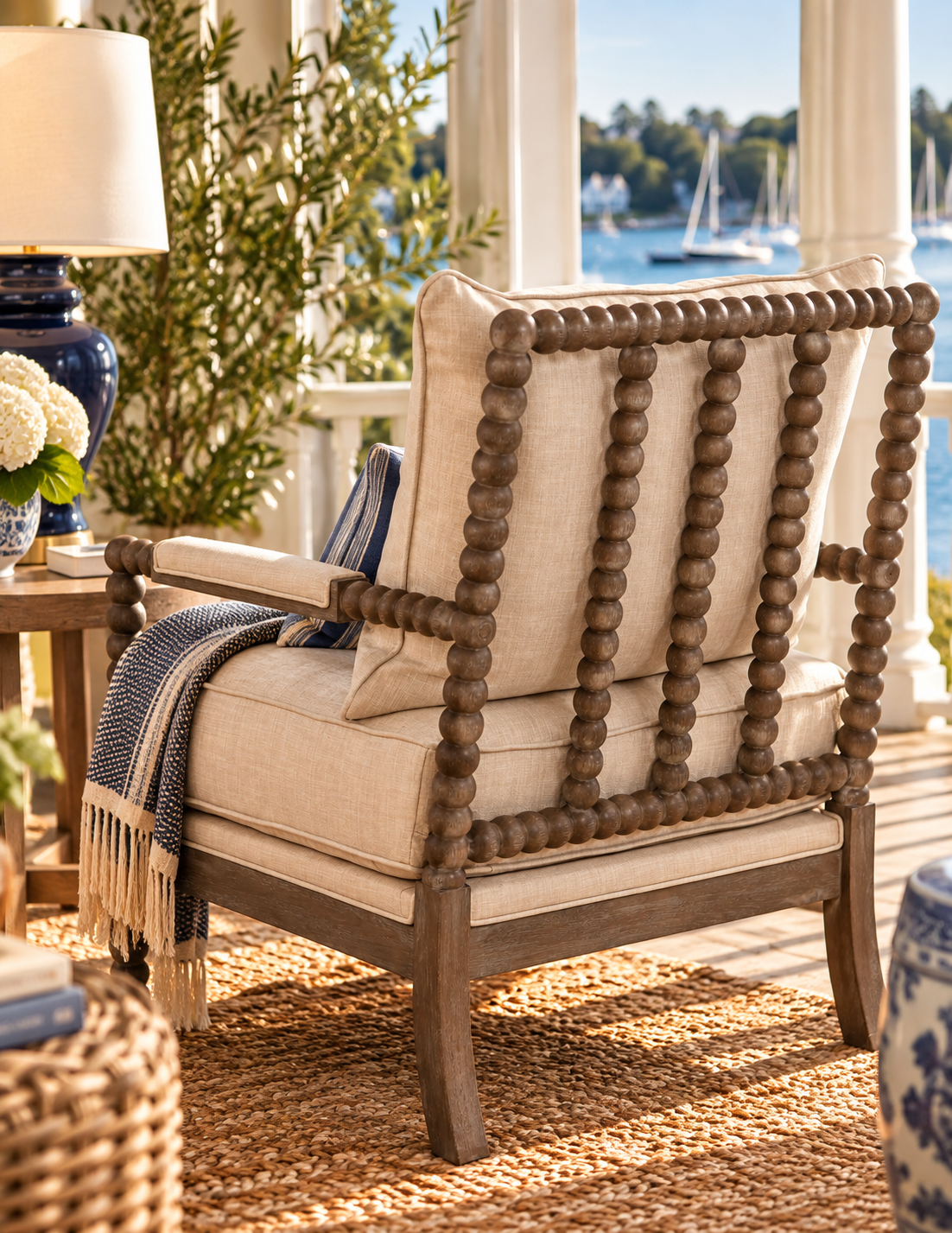Blanchett Heritage Bobbin Lounge Chair – Beige Linen & Distressed Brown
