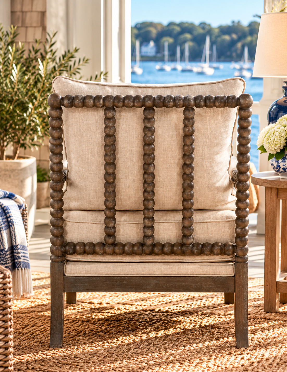 Blanchett Heritage Bobbin Lounge Chair – Beige Linen & Distressed Brown