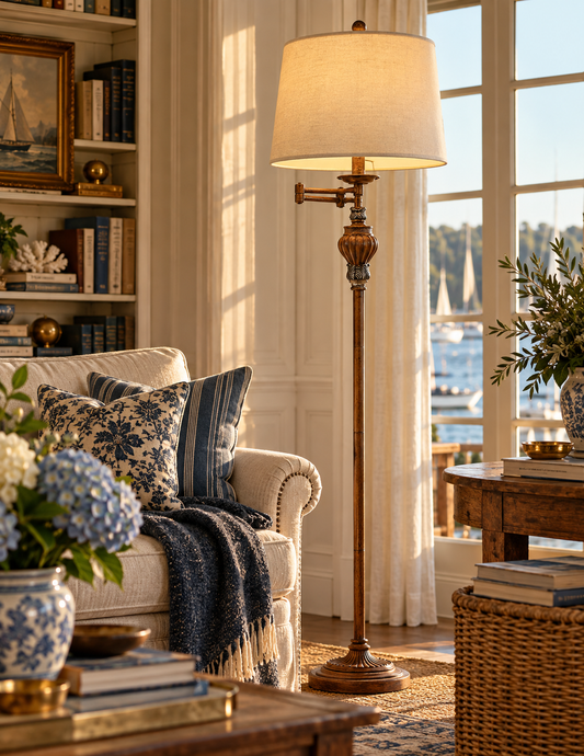 Carved Swing-Arm Floor Lamp — Antique Finish