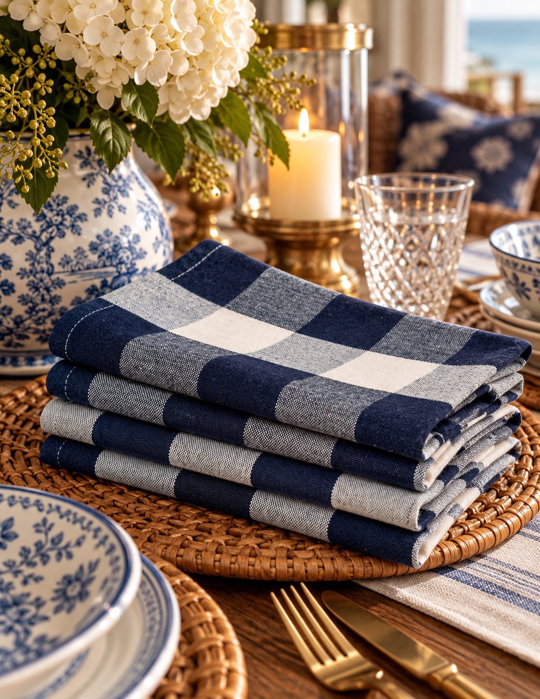 A stack of four folded blue and white buffalo plaid table linen napkins on a woven placemat, styled on a dining table with blue and white floral ceramic dishes, a glass candle holder, and a vase of white hydrangeas.