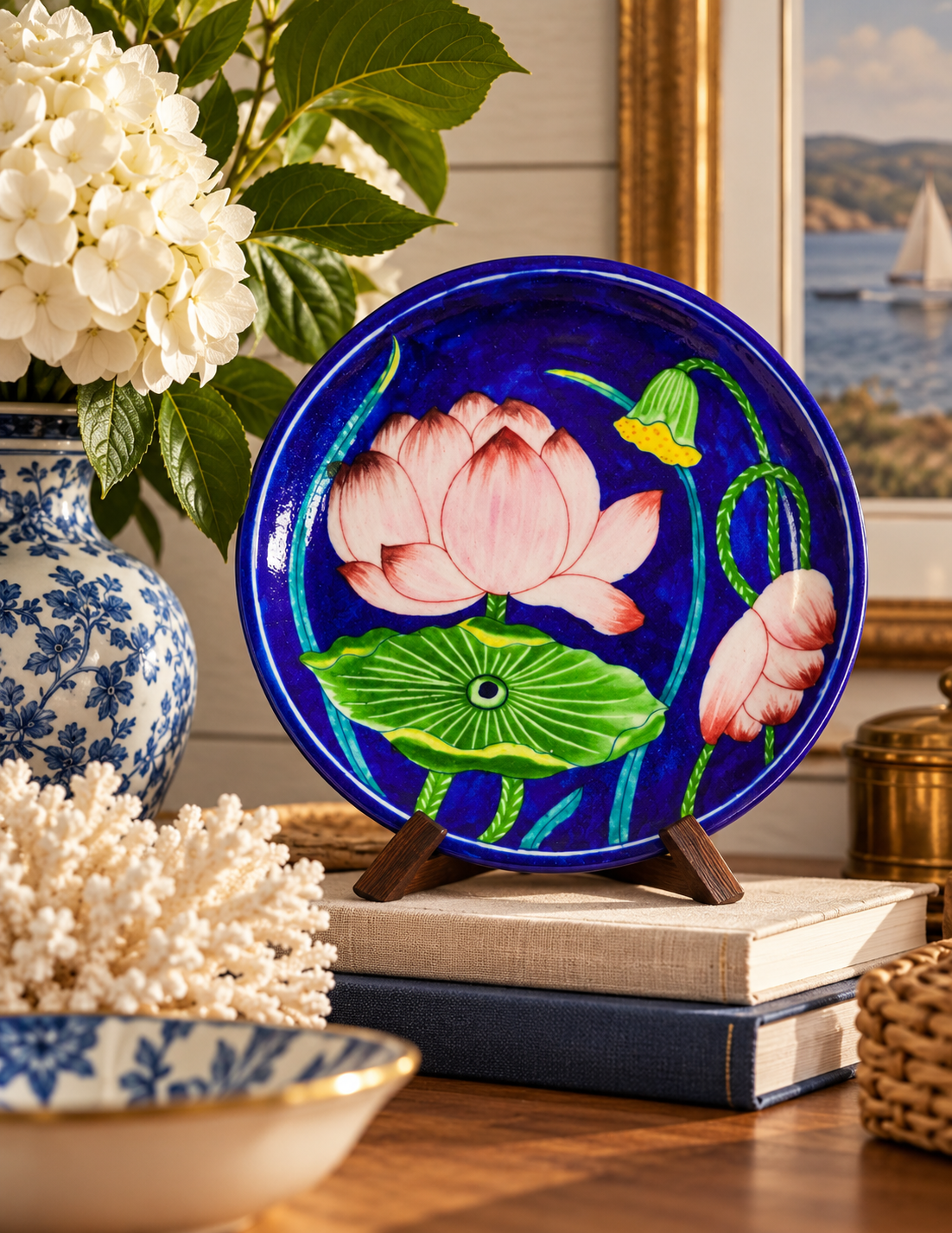Padma Lotus Plate — Handcrafted Blue Pottery Wall Decor