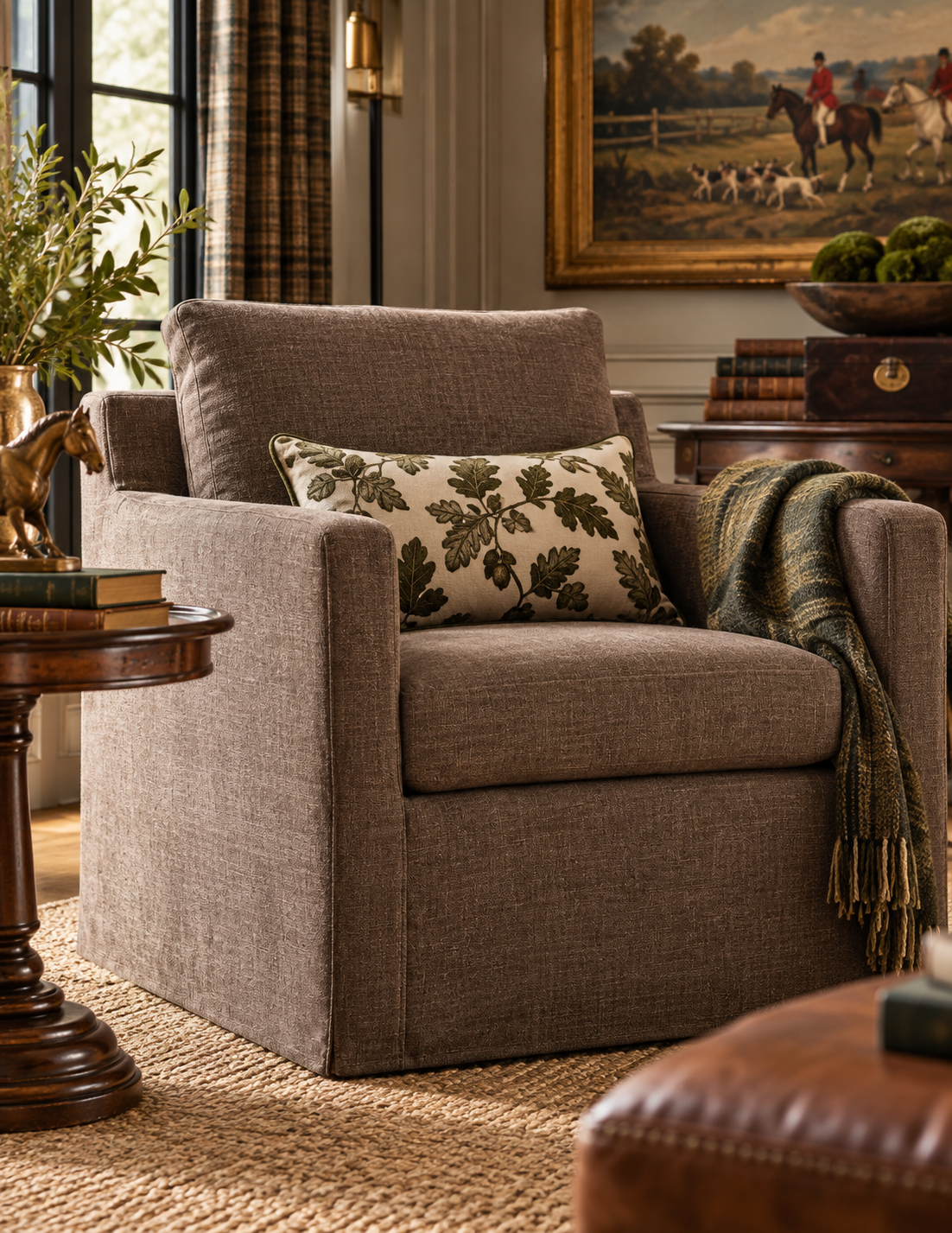 Serene Slipcovered Swivel Armchair — Mocha Linen