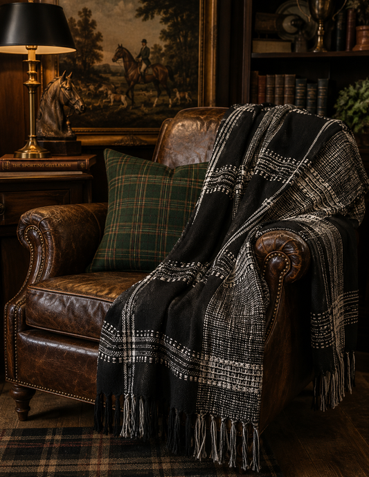 Blackthorn Estate Cotton Plaid Throw | Black & Natural Ivory