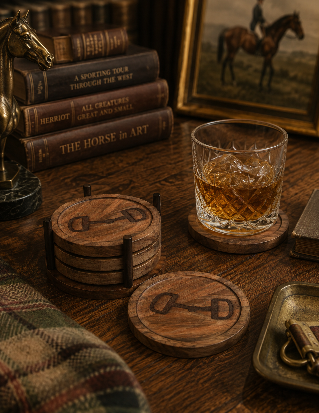 Huntley Equestrian Wooden Coasters with Decorative Bit Design, set of 4