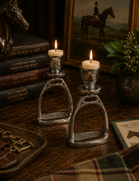 Huntley Equestrian Stirrup Candle Stick Holders, Silver set of 2