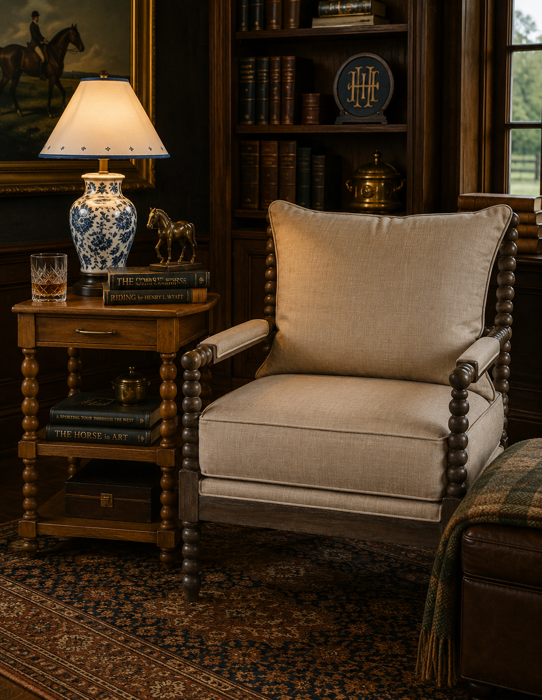 Blanchett Heritage Bobbin Lounge Chair – Beige Linen & Distressed Brown
