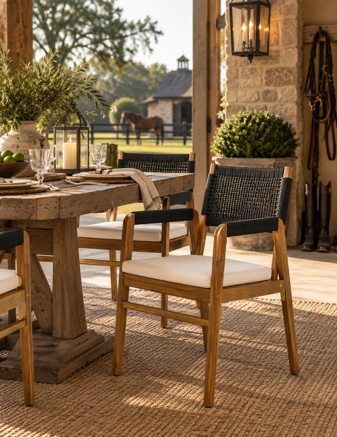 Outdoor Acacia Wood Dining Armchair With Cushion (Set of 2)