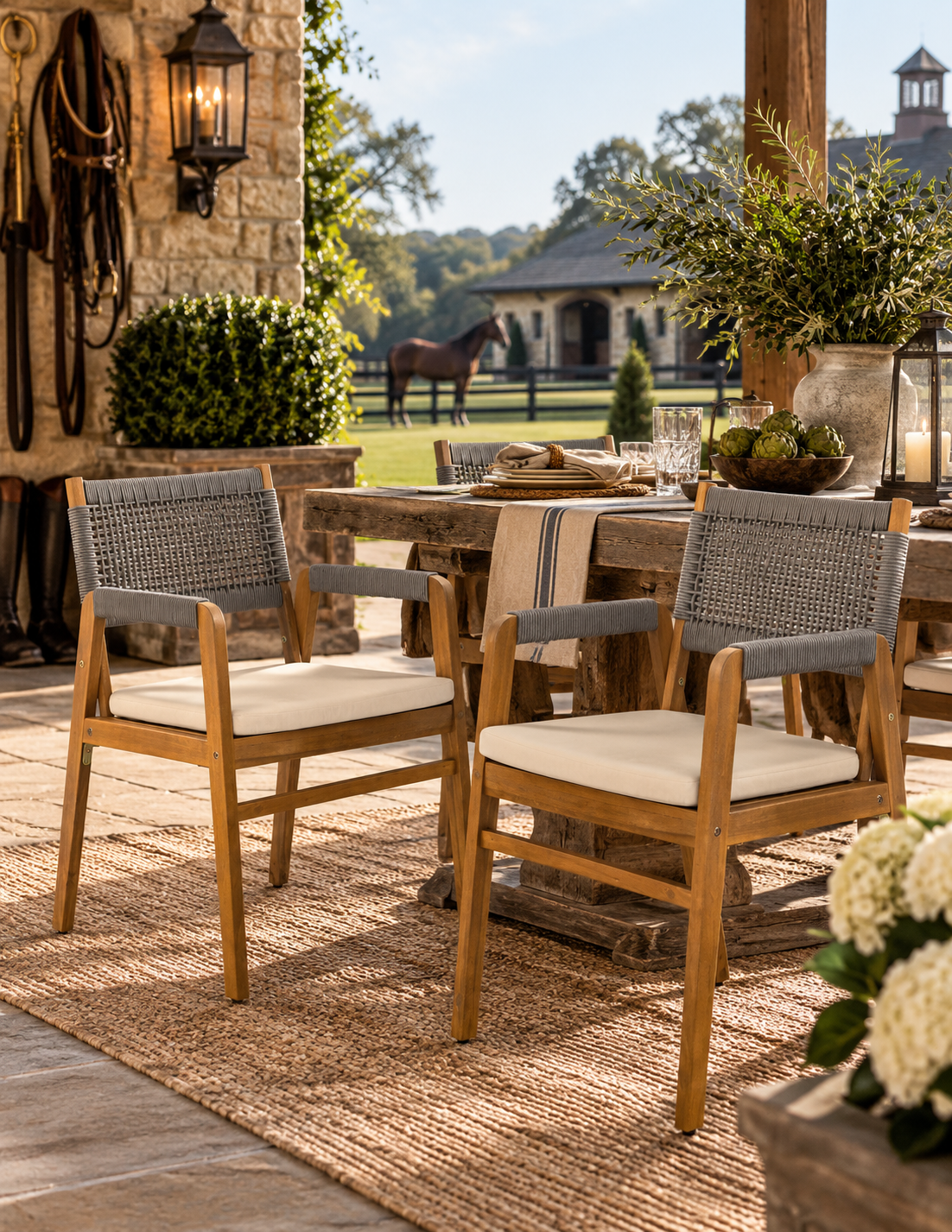 Outdoor Acacia Wood Dining Armchair With Cushion (Set of 2)