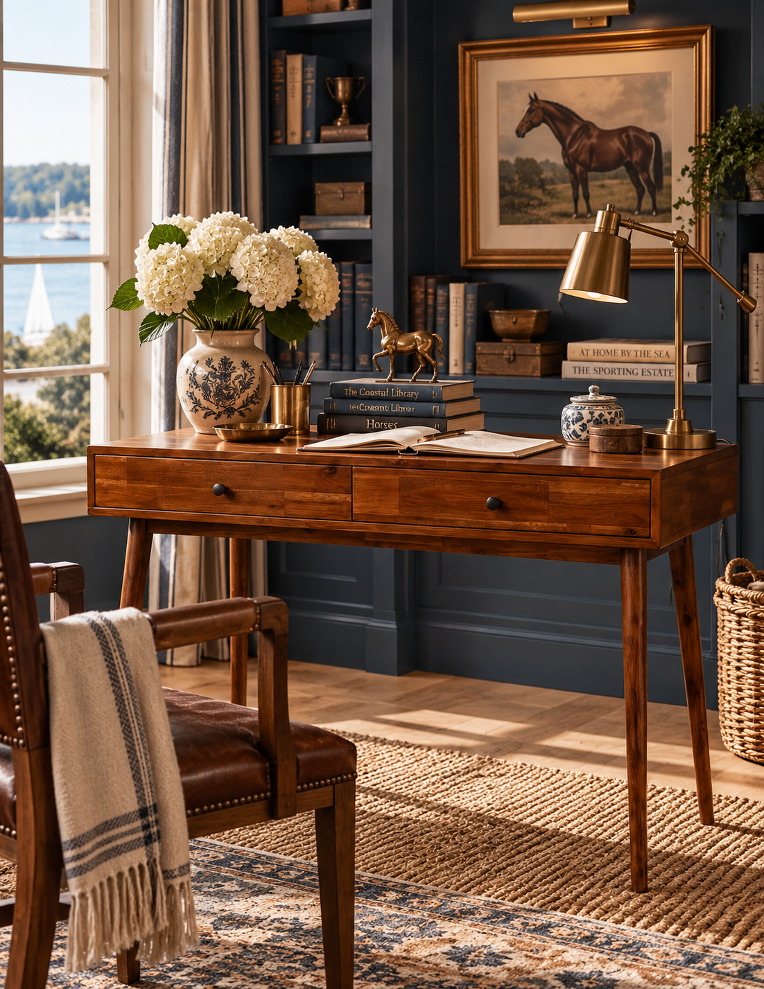 A mid-century modern wooden writing desk in a warm brown finish, styled in a home office setting with a leather chair, a vase of white flowers, books, and a brass desk lamp against a dark blue paneled wall.