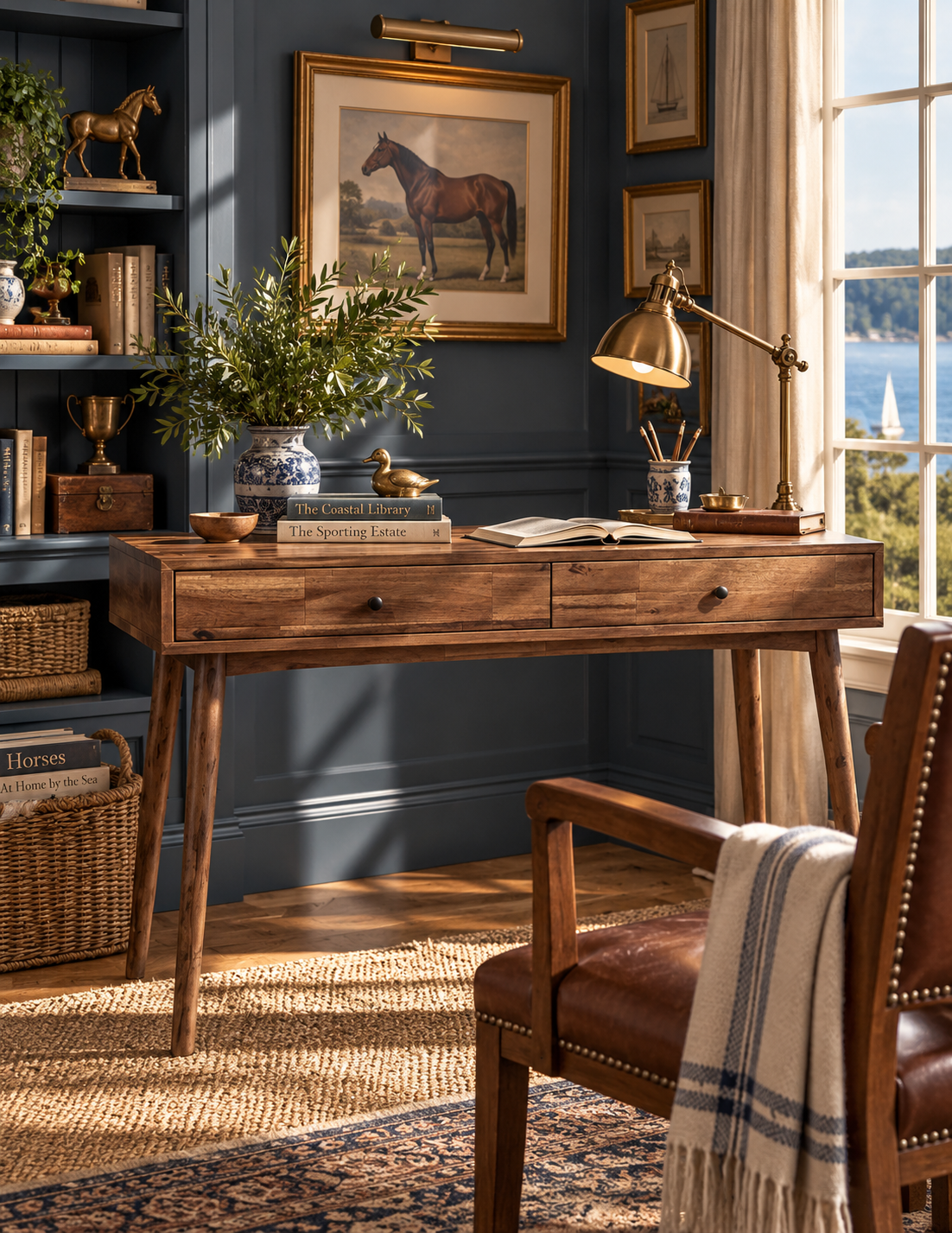 A rustic wooden writing desk with two drawers and tapered legs, styled in a cozy home office setting with a brass desk lamp, books, and a potted plant against a dark blue wall.