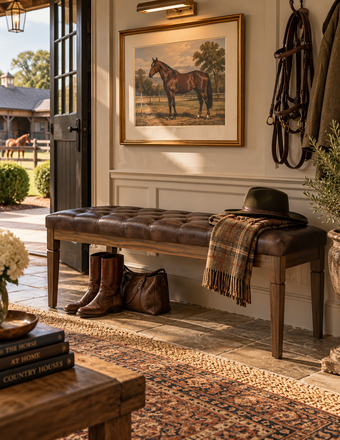 The Heritage Stable House Tufted Leather Bench — Distressed Bridle Brown