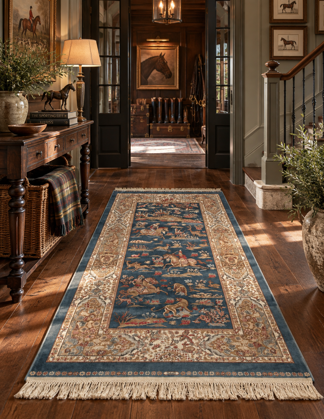 The Sporting Estate Turkish Hunting Scene Rug — Dark Steel Blue &amp; Ivory
