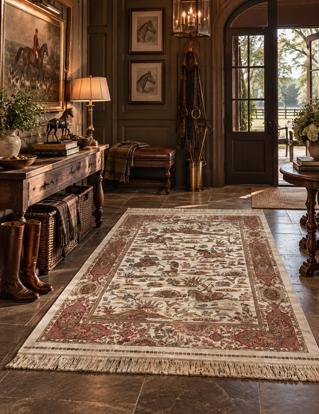 The Sporting Estate Ivory Hunting Scene Rug — 4' × 6'