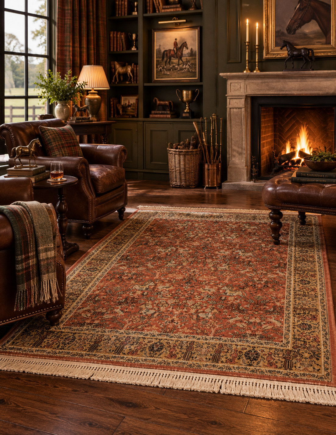The Sporting Estate Antique Belgian Hunting Scene Rug — Red-Orange & Teal