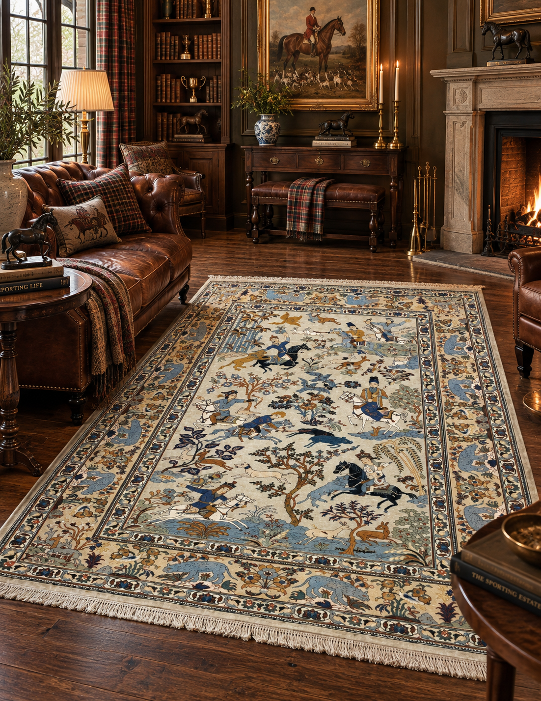 The Sporting Estate Semi-Antique Persian Kashan Hunting Rug — 4'6" × 7'