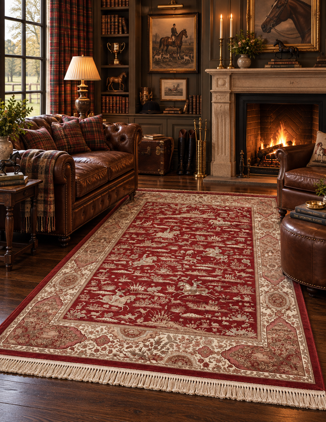The Sporting Estate Red & Ivory Hunting Scene Rug — 5' × 7'6"