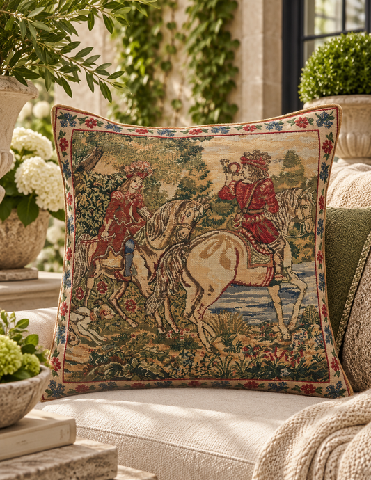 A square decorative throw pillow with a detailed vintage tapestry-style print of two riders on horseback, styled on a beige sofa in a sunlit garden patio setting.