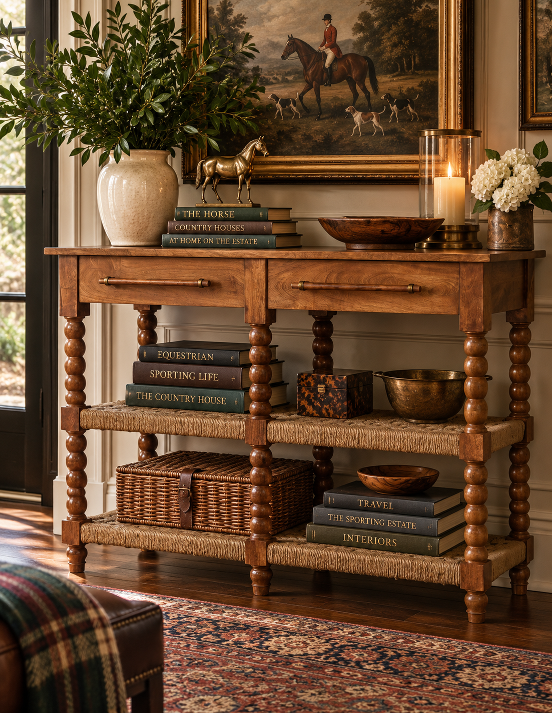 Sporting Estate Spindle & Woven Console Table — Chestnut