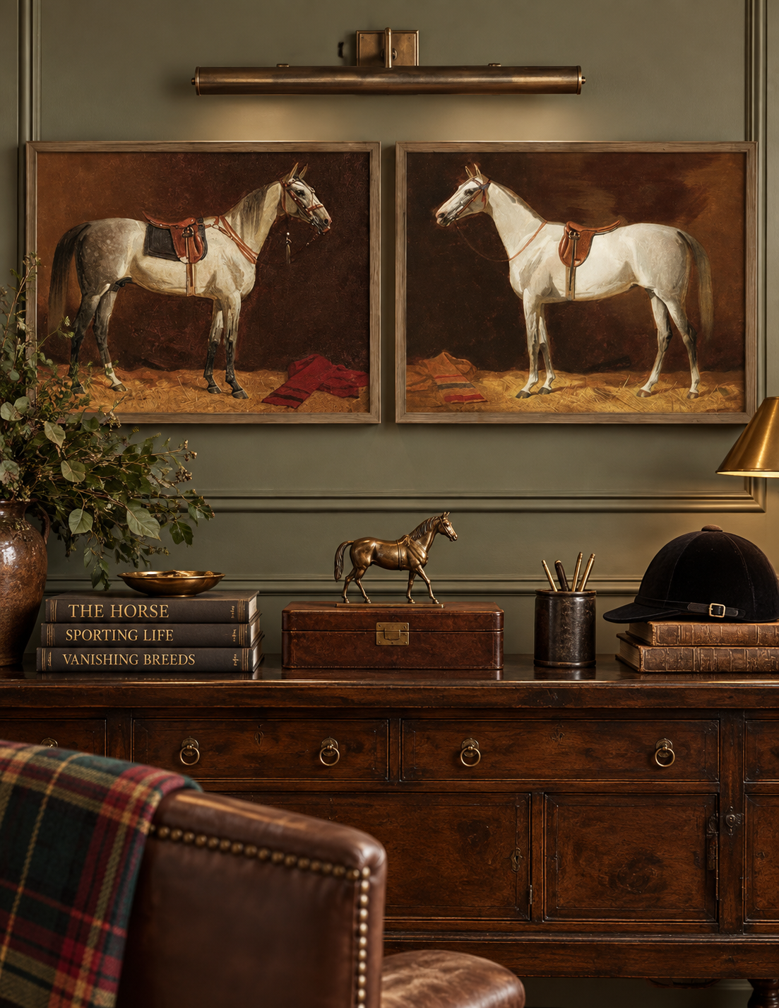 The Volkers White Horses Framed Equestrian Art Set — Walnut, Set of Two