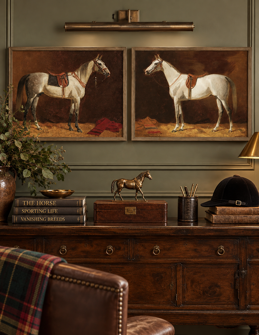 The Volkers White Horses Framed Equestrian Art Set — Walnut, Set of Two