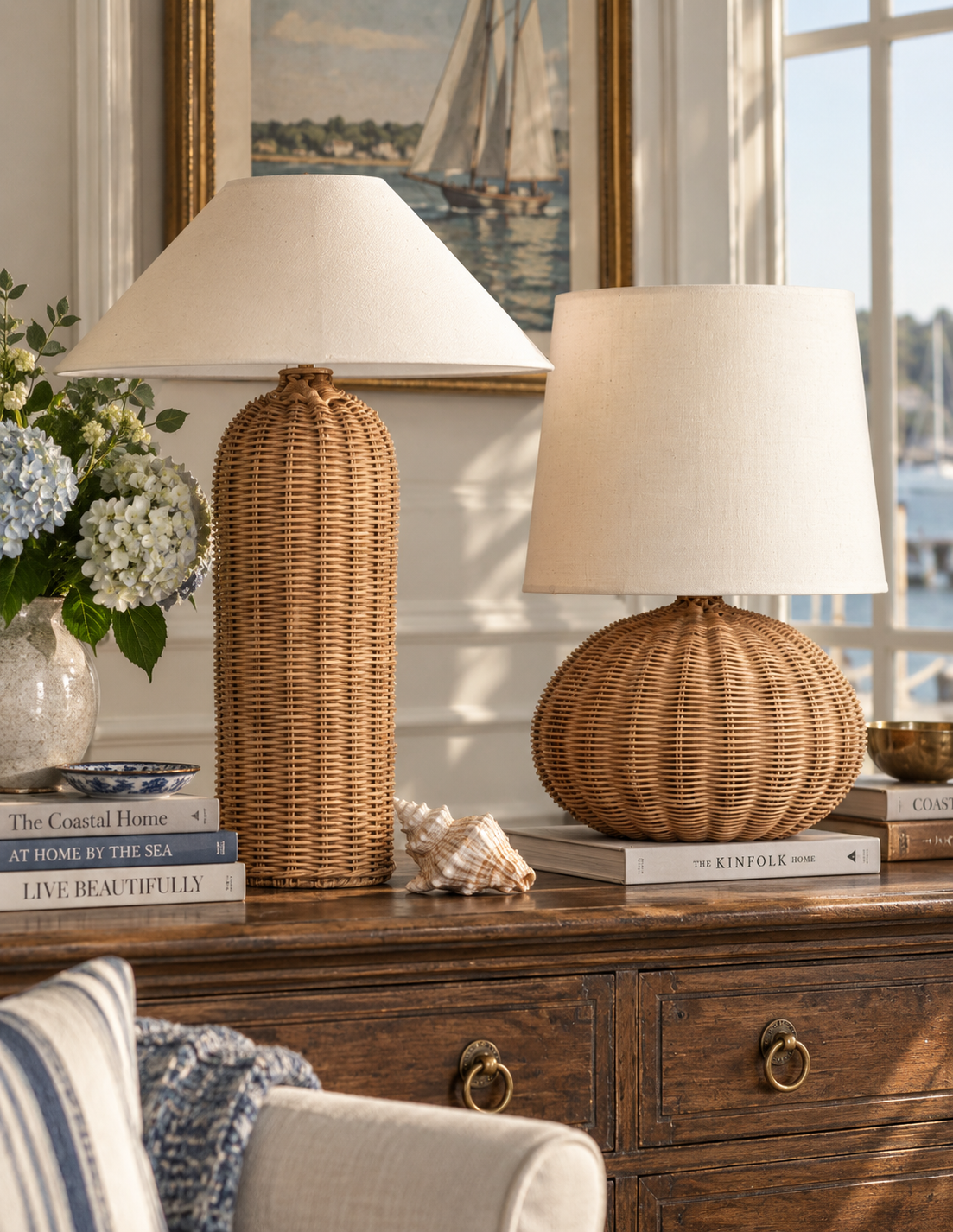 Handwoven Rattan Table Lamp with Linen Shade