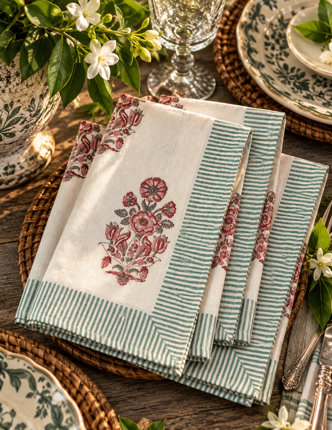 Burgundy Garden Hand-Block Printed Table Linen Set – 13 Piece