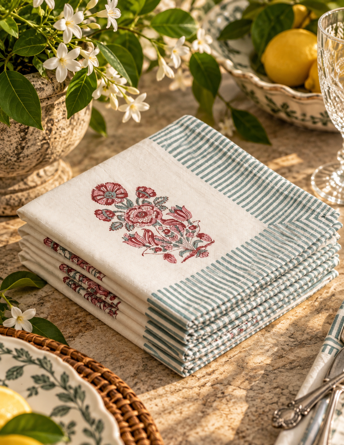 Burgundy Garden Hand-Block Printed Table Linen Set – 13 Piece