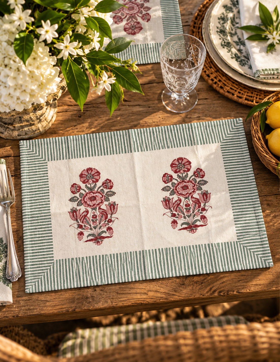 Burgundy Garden Hand-Block Printed Table Linen Set – 13 Piece