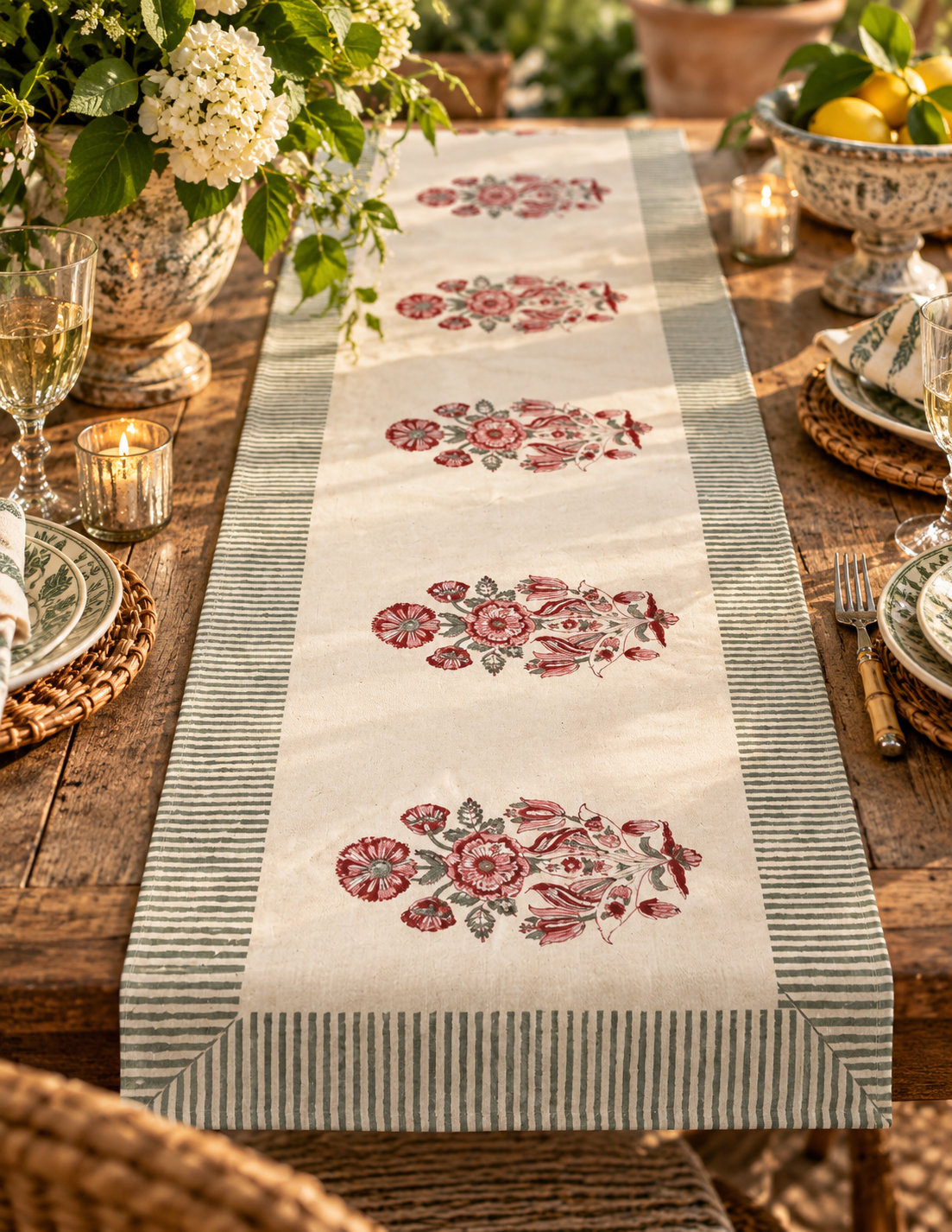 Burgundy Garden Hand-Block Printed Table Linen Set – 13 Piece