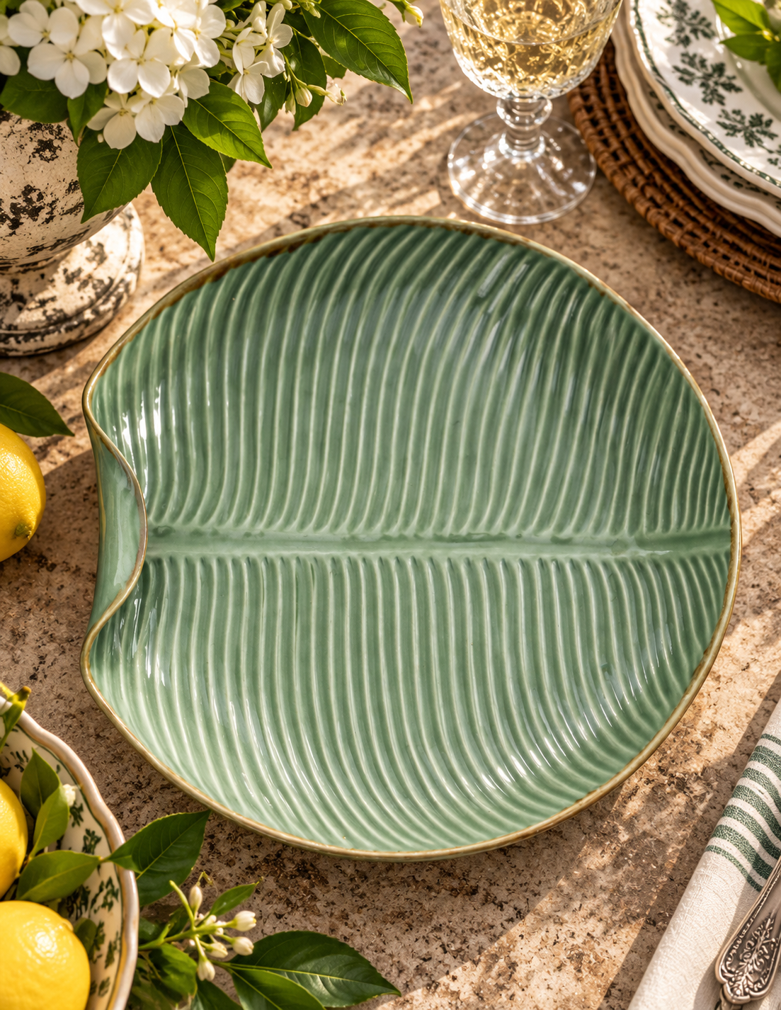 The Palm House Banana Leaf Serving Platter — Glazed Green Ceramic