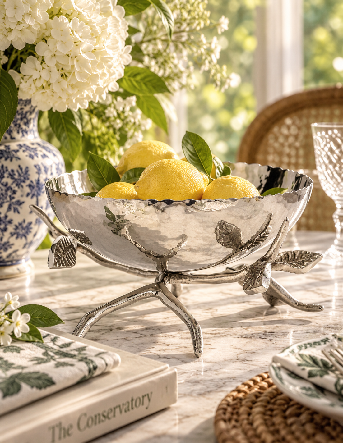 Hammered Vine Pedestal Serving Bowl — Polished Stainless Steel