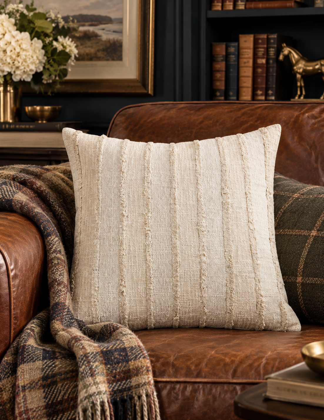 The Cottage Stripe Fringed Cotton Pillow — Ivory