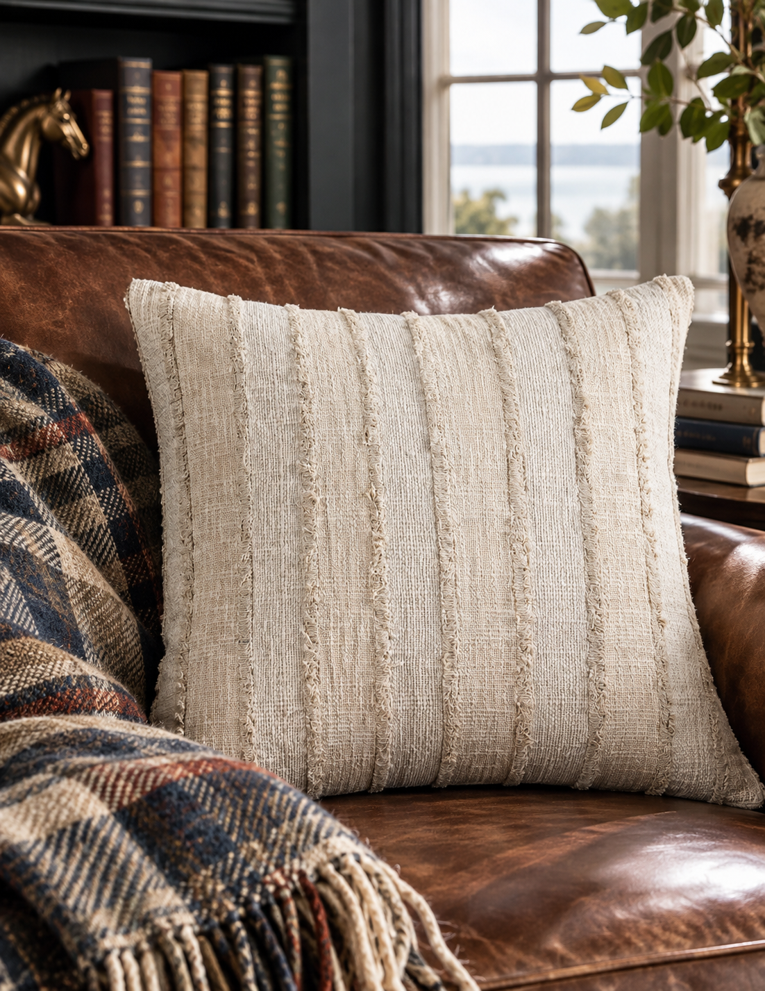 The Cottage Stripe Fringed Cotton Pillow — Ivory
