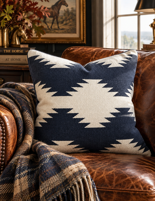 The Harbor Kilim Wool Pillow – Navy & Ivory