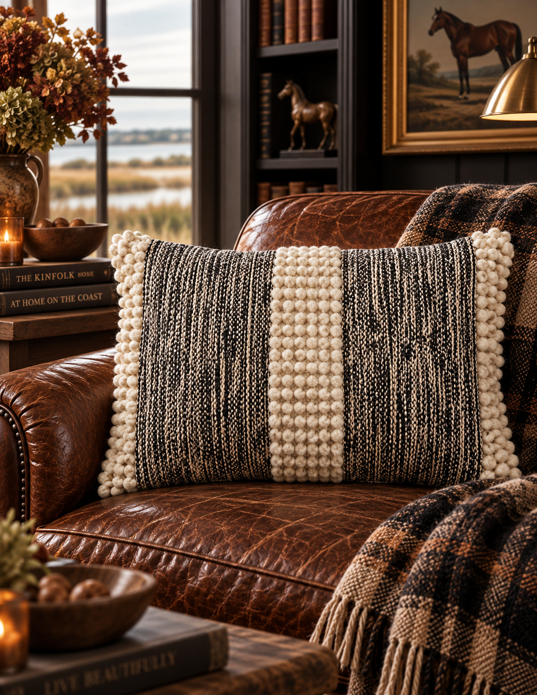Natural Pom-Pom Stripe Cotton Throw Pillow
