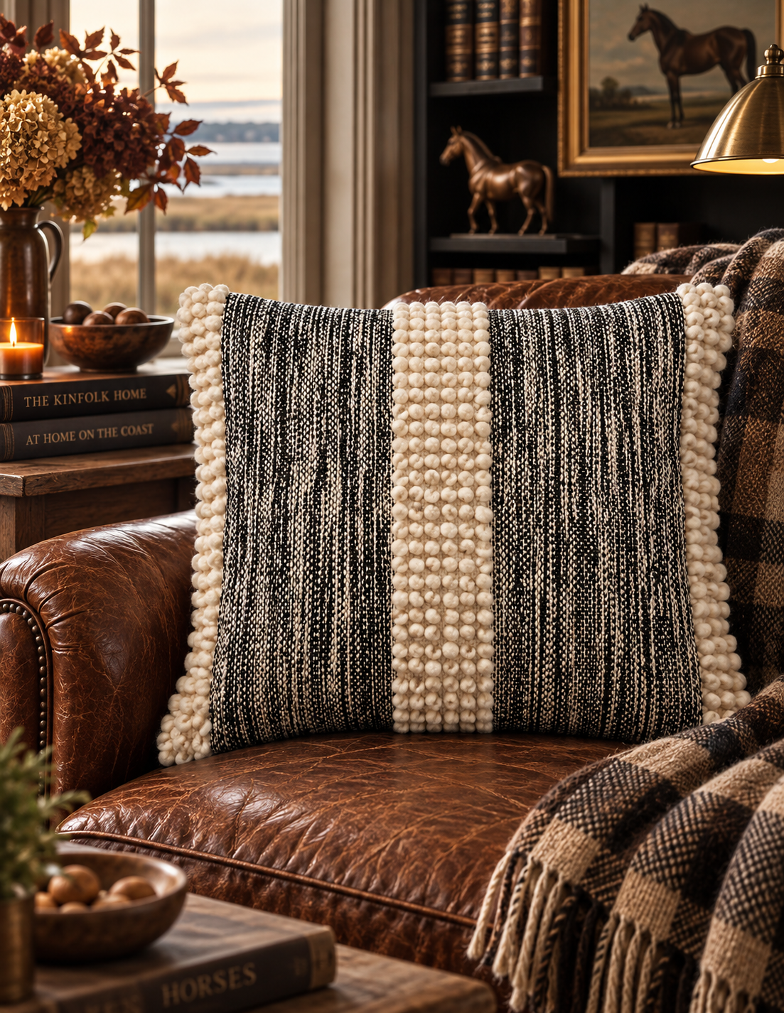Natural Pom-Pom Stripe Cotton Throw Pillow
