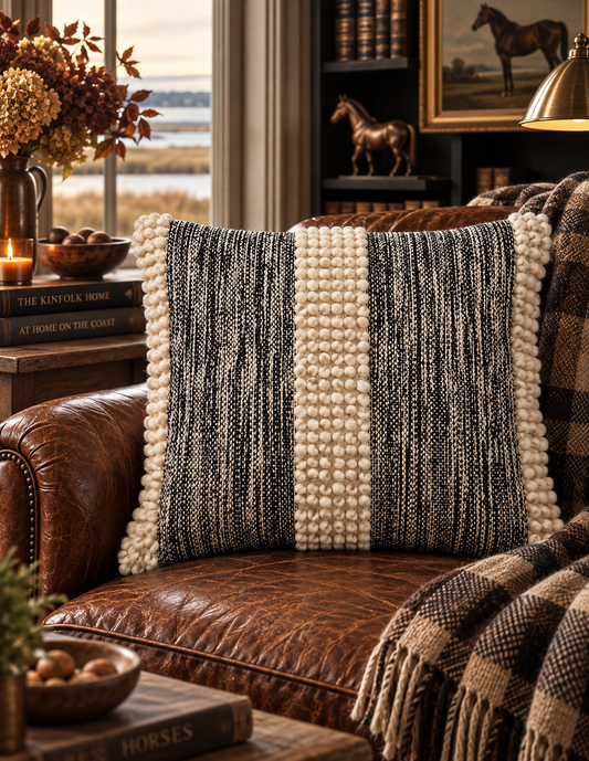 Natural Pom-Pom Stripe Cotton Throw Pillow