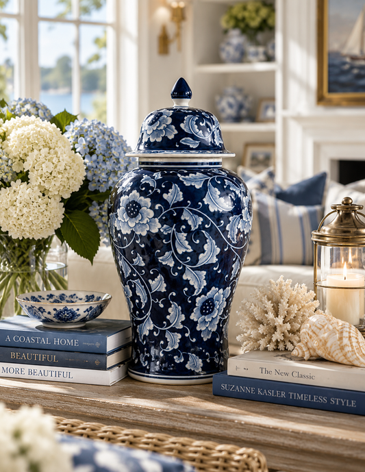 A large blue and white floral ginger jar centerpiece styled on a wooden table with books, a small matching bowl, coral, seashells, a candle in a lantern, and a bouquet of white and blue hydrangeas in a bright living room setting.
