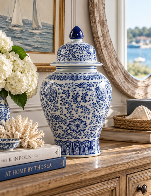 Blue & White Chinoiserie Lotus Ginger Jar | Decorative Porcelain Vase | Bay & Bridle