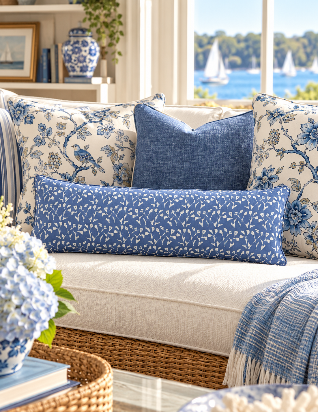 Genevieve Blue & White Bolster Pillow | Bay & Bridle