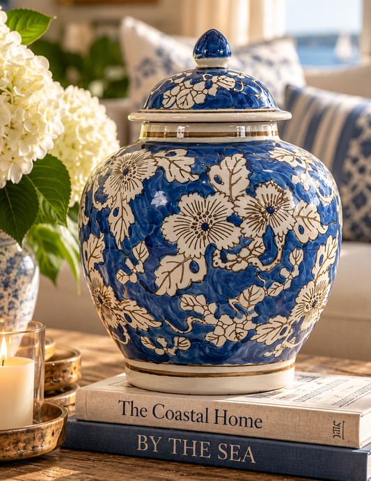 A blue and white floral ceramic lidded jar sits on stacked books on a wooden table in a styled home setting with flowers and cushions in the background.