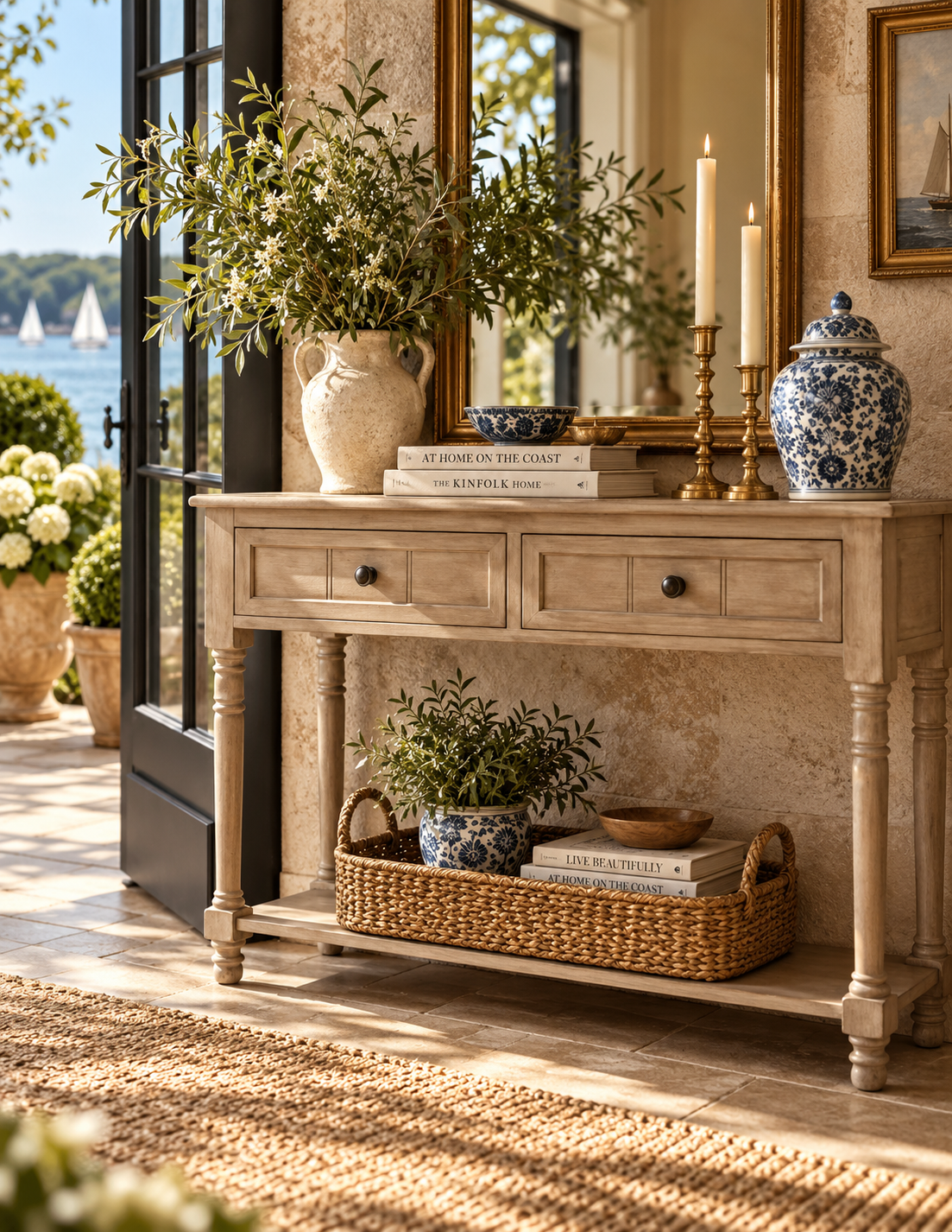 A styled interior entryway scene featuring a light wood console table with drawers and legs, decorated with a large ceramic vase of greenery, books, a blue-and-white porcelain jar, a woven basket, and candles. A stone wall, mirror, and glass doors opening to a sunny outdoor patio and water view are visible.